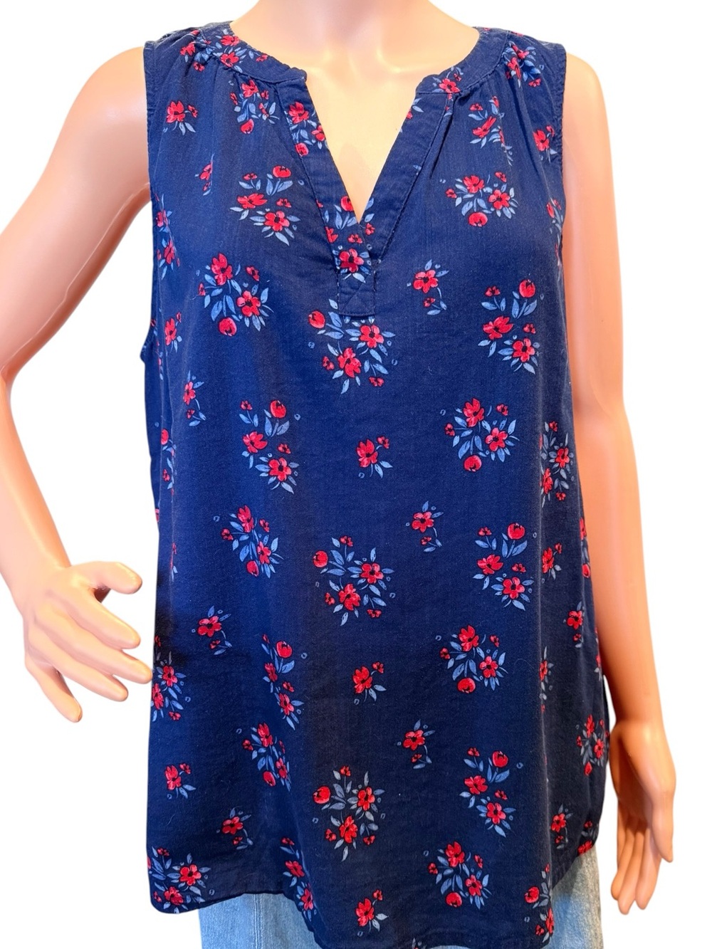 Navy Blue Red  Floral V-Neck Sleeveless Blouse Tunic Tank Top Size Large